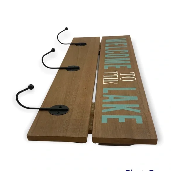 Welcome To The Lake Wall Mount Hook Rack Wood 3 Metal Hooks - Picture 2 of 7